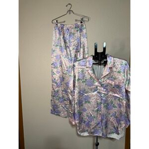 Erika Taylor Intimates Pajama Set Womens Medium Purple Rose Floral Satin 2 Piece